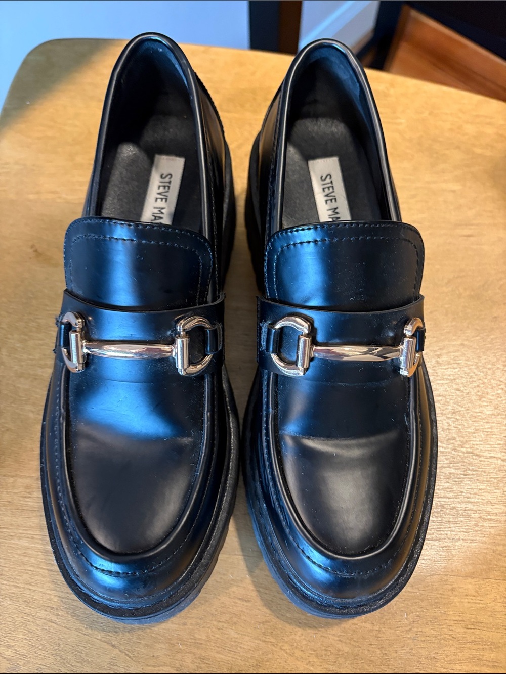 Steve Madden Black Leather Loafers with Gold Bit